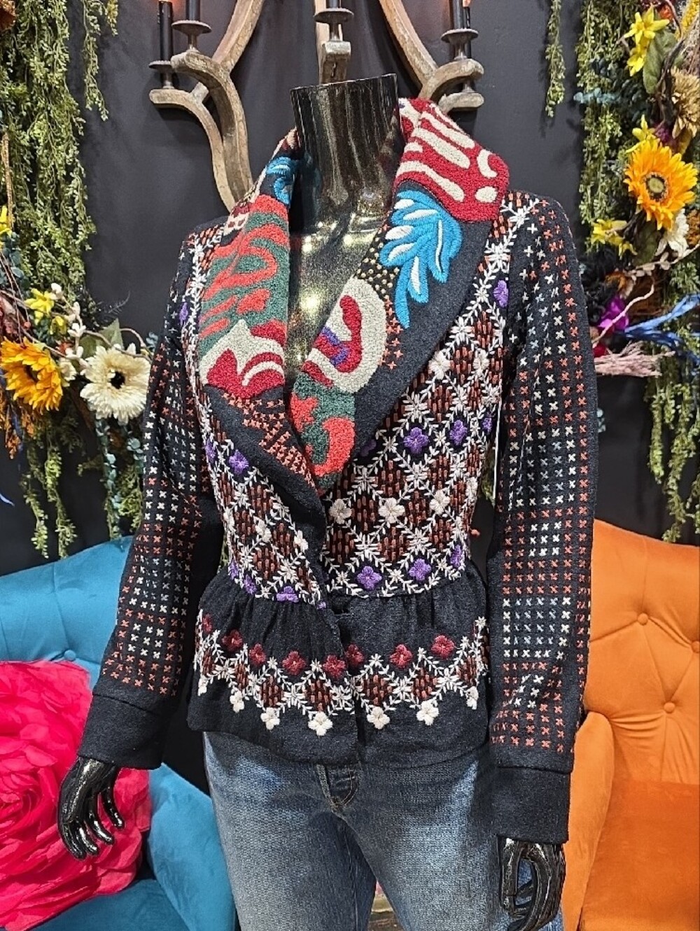 RARE! Hazel Black Embroidered Shawl Collar Blazer with Multicolor Accents - Picture 2 of 15